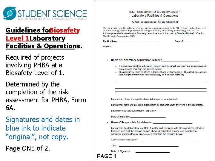 Guidelines for. Biosafety Level 1 Laboratory Facilities & Operations. Required of projects involving PHBA