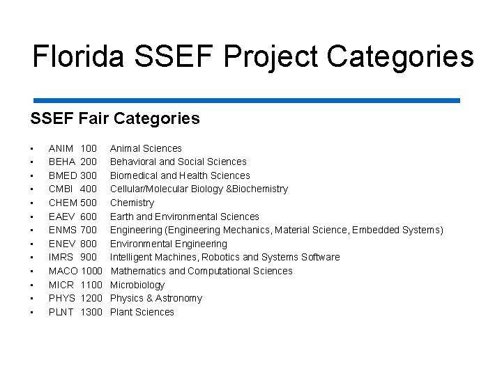 Florida SSEF Project Categories SSEF Fair Categories • • • • ANIM 100 Animal