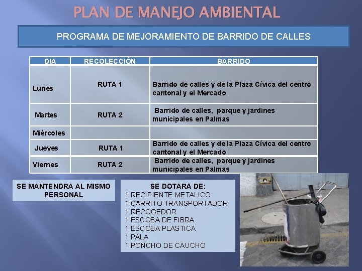 PLAN DE MANEJO AMBIENTAL PROGRAMA DE MEJORAMIENTO DE BARRIDO DE CALLES DIA RECOLECCIÓN BARRIDO