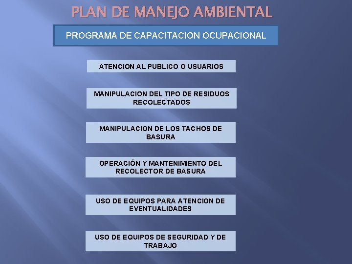 PLAN DE MANEJO AMBIENTAL PROGRAMA DE CAPACITACION OCUPACIONAL ATENCION AL PUBLICO O USUARIOS MANIPULACION