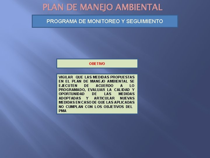 PLAN DE MANEJO AMBIENTAL PROGRAMA DE MONITOREO Y SEGUIMIENTO OBETIVO VIGILAR QUE LAS MEDIDAS