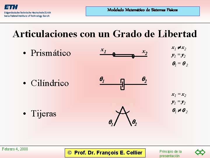 Modelado Matemático de Sistemas Físicos Articulaciones con un Grado de Libertad • Prismático x