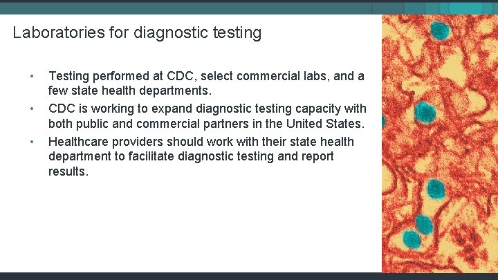 Laboratories for diagnostic testing • • • Testing performed at CDC, select commercial labs,