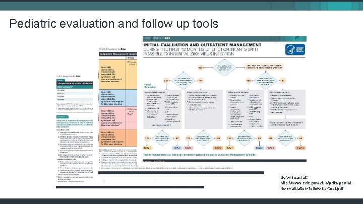 Pediatric evaluation and follow up tools Download at: http: //www. cdc. gov/zika/pdfs/pediat ric-evaluation-follow-up-tool. pdf