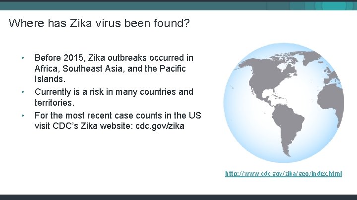 Where has Zika virus been found? • • • Before 2015, Zika outbreaks occurred