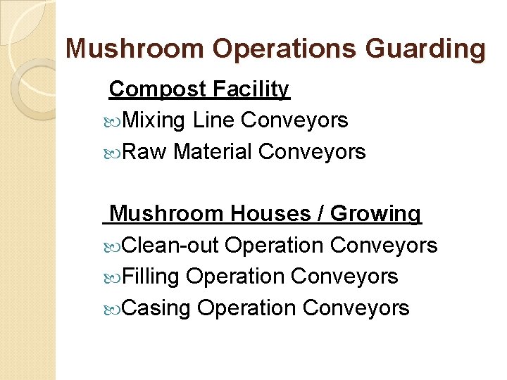 Mushroom Operations Guarding Compost Facility Mixing Line Conveyors Raw Material Conveyors Mushroom Houses /