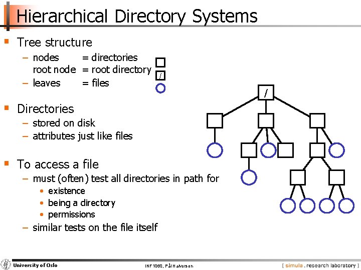 Hierarchical Directory Systems § Tree structure − nodes = directories root node = root