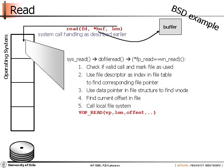 BSD Operating System Read read(fd, *buf, len) system call handling as described earlier buffer