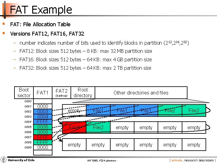FAT Example § FAT: File Allocation Table § Versions FAT 12, FAT 16, FAT