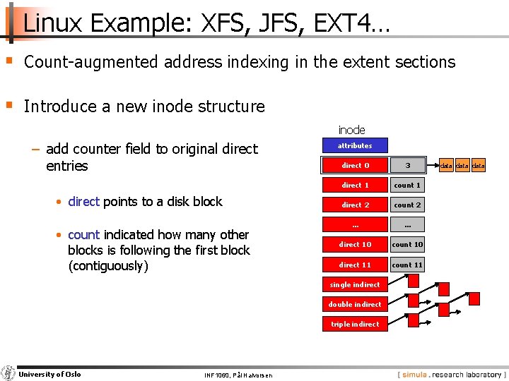 Linux Example: XFS, JFS, EXT 4… § Count-augmented address indexing in the extent sections