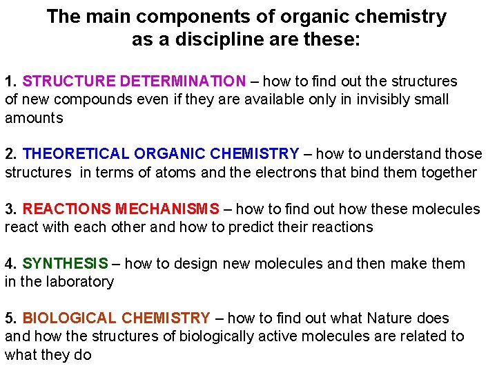 The main components of organic chemistry as a discipline are these: 1. STRUCTURE DETERMINATION