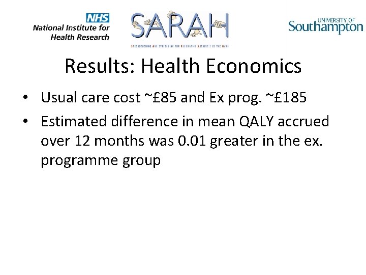 Results: Health Economics • Usual care cost ~£ 85 and Ex prog. ~£ 185
