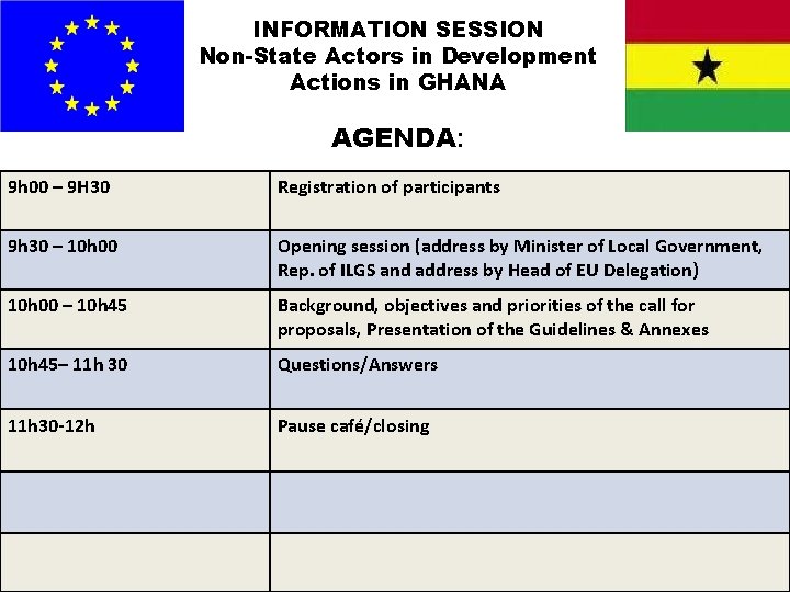 INFORMATION SESSION Non-State Actors in Development Actions in GHANA AGENDA: 9 h 00 –