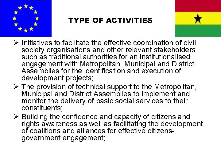 TYPE OF ACTIVITIES Ø Initiatives to facilitate the effective coordination of civil society organisations