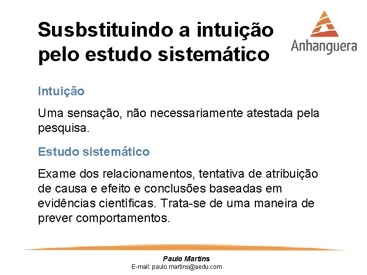 Susbstituindo a intuição pelo estudo sistemático Intuição Uma sensação, não necessariamente atestada pela pesquisa.