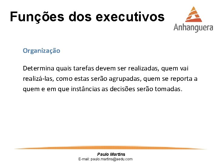 Funções dos executivos Organização Determina quais tarefas devem ser realizadas, quem vai realizá-las, como