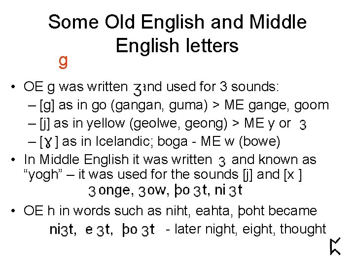 Some Old English and Middle English letters g • OE g was written and