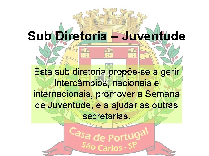 Sub Diretoria – Juventude Esta sub diretoria propõe-se a gerir Intercâmbios, nacionais e internacionais,