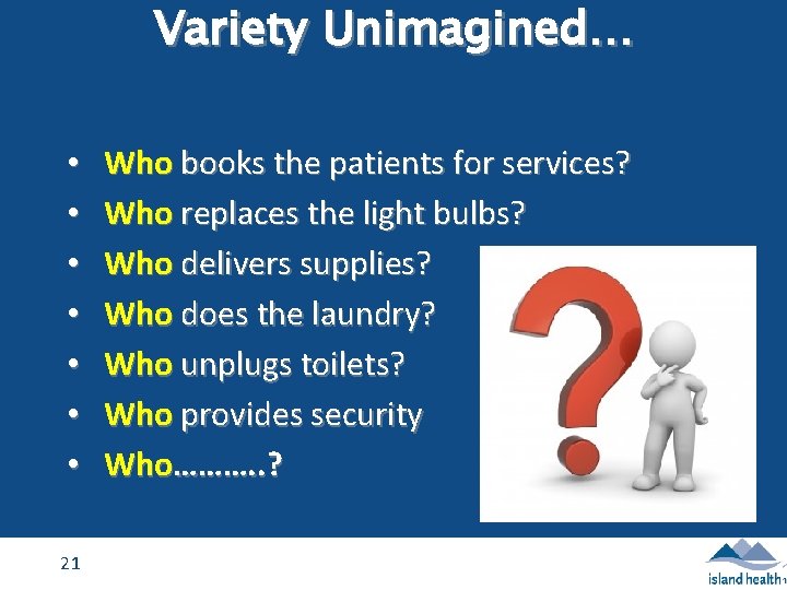 Variety Unimagined… • • 21 Who books the patients for services? Who replaces the