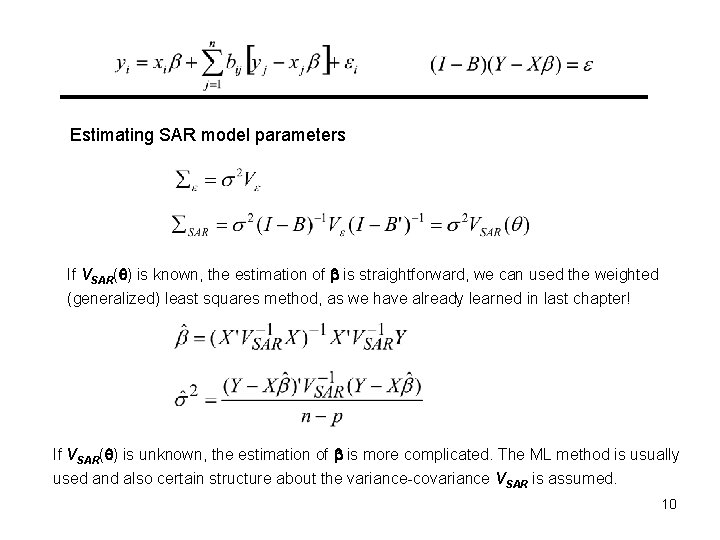 Estimating SAR model parameters If VSAR( ) is known, the estimation of b is