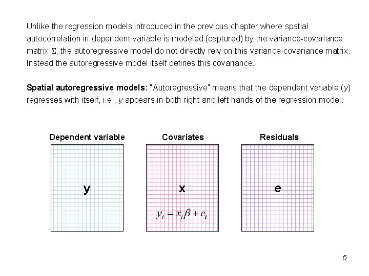 Unlike the regression models introduced in the previous chapter where spatial autocorrelation in dependent
