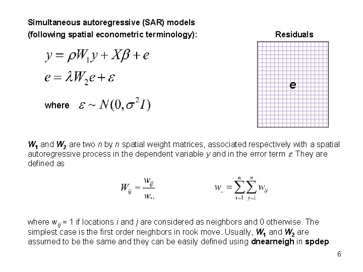 Simultaneous autoregressive (SAR) models (following spatial econometric terminology): Residuals e where W 1 and
