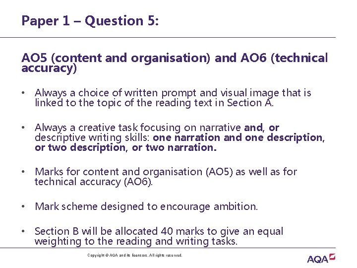 Paper 1 – Question 5: AO 5 (content and organisation) and AO 6 (technical