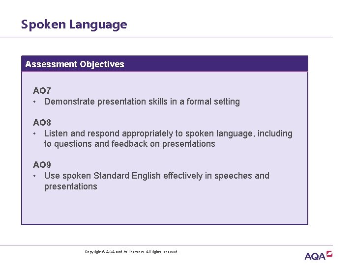 Spoken Language Assessment Objectives AO 7 • Demonstrate presentation skills in a formal setting