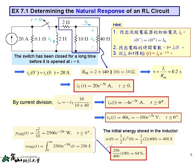 EX 7. 1 Determining the Natural Response of an RL Circuit Hint: 1. 找出流經電感器的初始電流