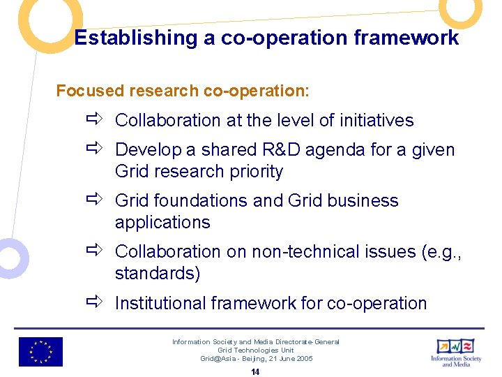 Establishing a co-operation framework Focused research co-operation: ð Collaboration at the level of initiatives