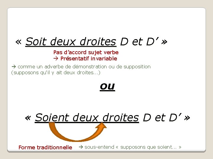  « Soit deux droites D et D’ » Pas d’accord sujet verbe Présentatif