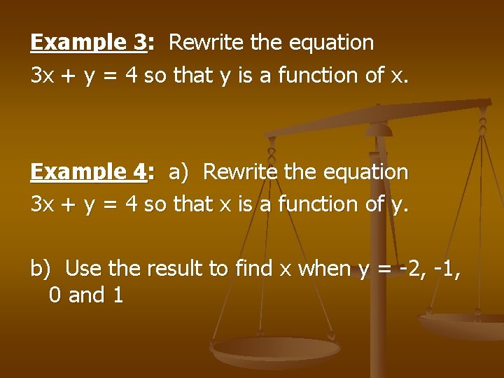 Example 3: Rewrite the equation 3 x + y = 4 so that y