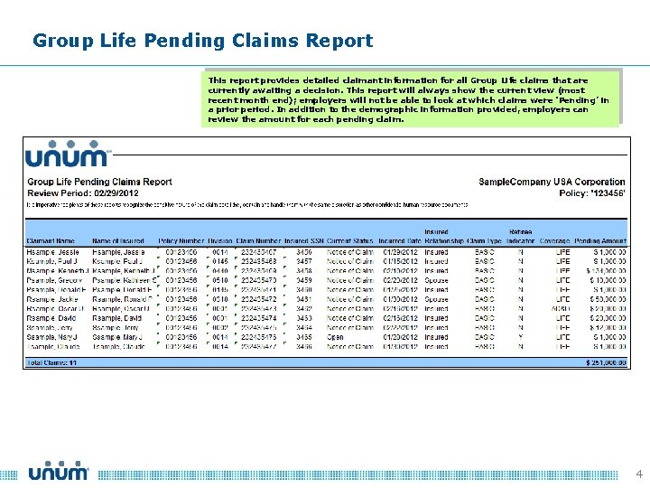 Group Life Pending Claims Report This report provides detailed claimant information for all Group
