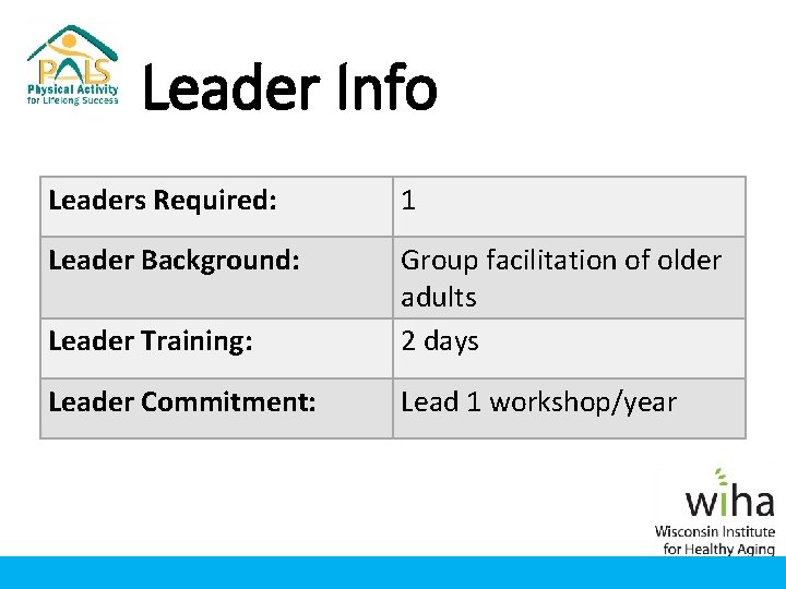 Leader Info Leaders Required: 1 Leader Background: Leader Training: Group facilitation of older adults Leader Info Leaders Required: 1 Leader Background: Leader Training: Group facilitation of older adults