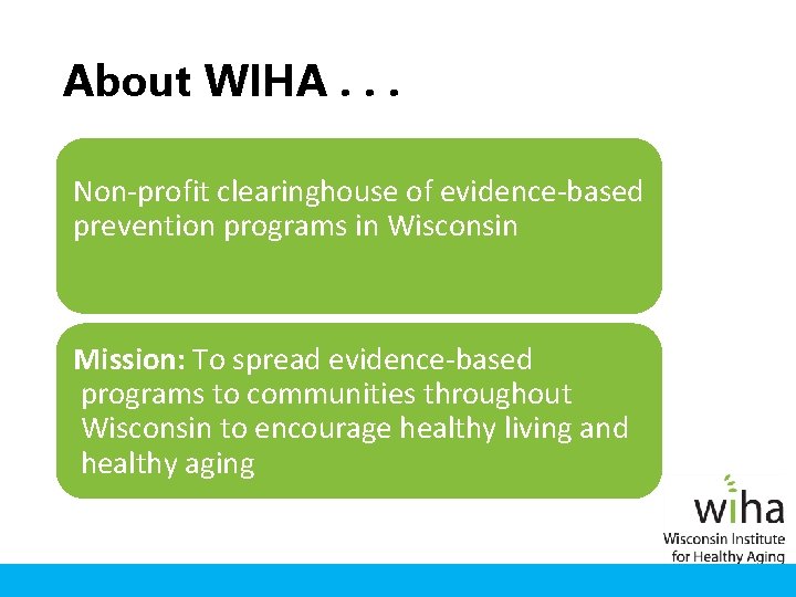 About WIHA. . . Non-profit clearinghouse of evidence-based prevention programs in Wisconsin Mission: To About WIHA. . . Non-profit clearinghouse of evidence-based prevention programs in Wisconsin Mission: To