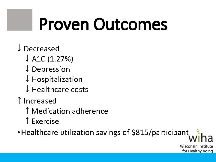 Proven Outcomes ↓ Decreased ↓ A 1 C (1. 27%) ↓ Depression ↓ Hospitalization Proven Outcomes ↓ Decreased ↓ A 1 C (1. 27%) ↓ Depression ↓ Hospitalization