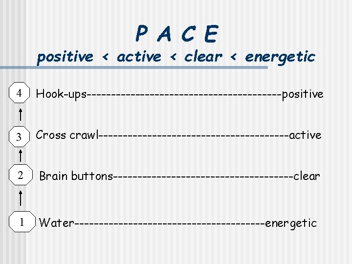 P A C E positive < active < clear < energetic 4 Hook-ups--------------------positive 3