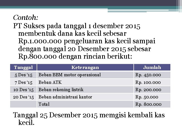 Contoh: PT Sukses pada tanggal 1 desember 2015 membentuk dana kas kecil sebesar Rp.