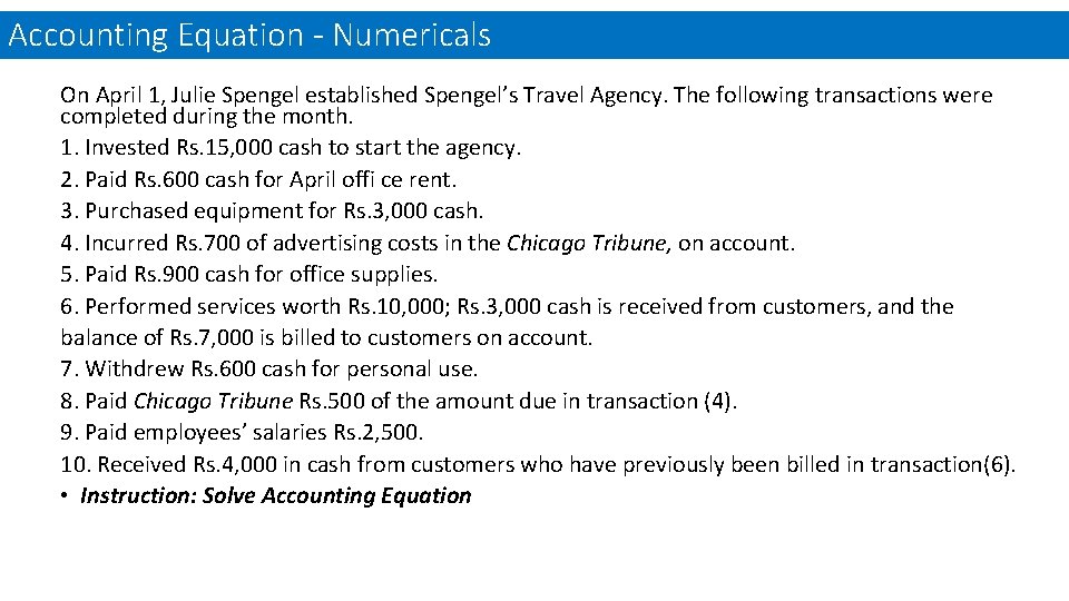 Accounting Equation - Numericals On April 1, Julie Spengel established Spengel’s Travel Agency. The