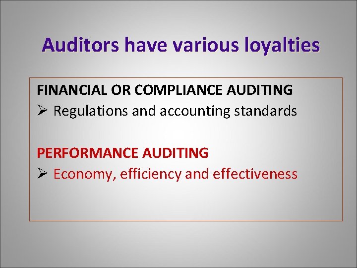 Auditors have various loyalties FINANCIAL OR COMPLIANCE AUDITING Ø Regulations and accounting standards PERFORMANCE