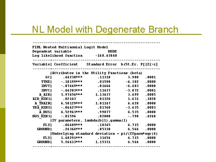 NL Model with Degenerate Branch -----------------------------FIML Nested Multinomial Logit Model Dependent variable MODE Log