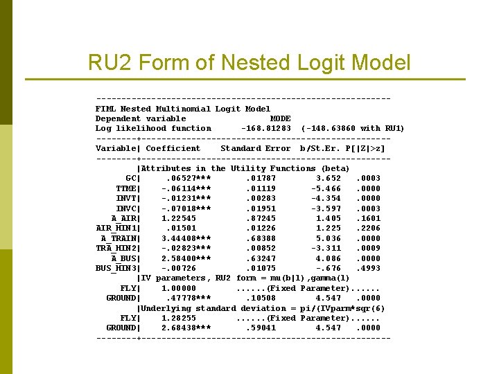 RU 2 Form of Nested Logit Model -----------------------------FIML Nested Multinomial Logit Model Dependent variable