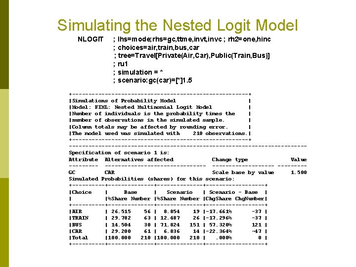 Simulating the Nested Logit Model NLOGIT ; lhs=mode; rhs=gc, ttme, invt, invc ; rh