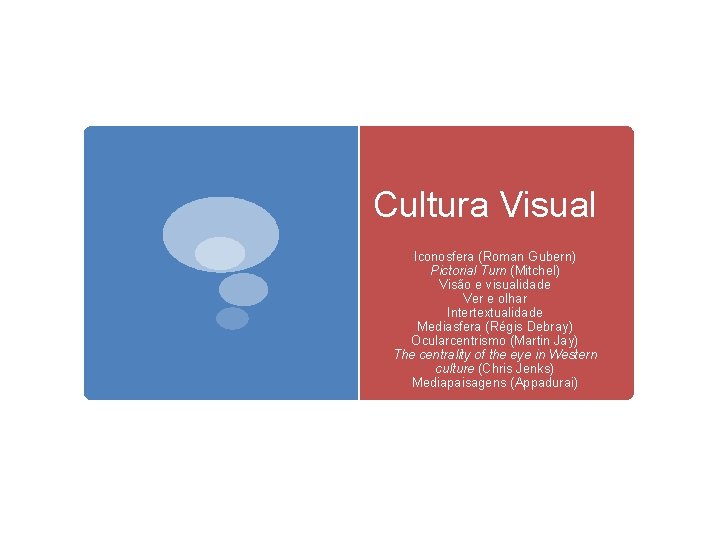 Cultura Visual Iconosfera (Roman Gubern) Pictorial Turn (Mitchel) Visão e visualidade Ver e olhar