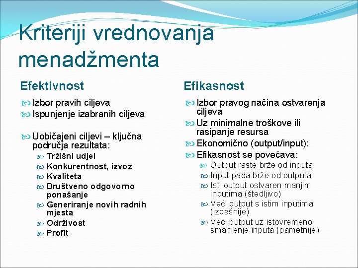 Kriteriji vrednovanja menadžmenta Efektivnost Efikasnost Izbor pravih ciljeva Ispunjenje izabranih ciljeva Izbor pravog načina