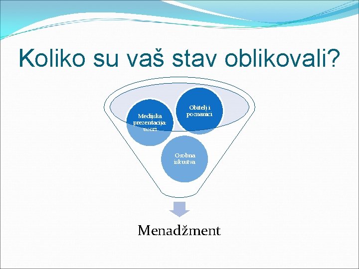 Koliko su vaš stav oblikovali? Medijska prezentacija: uzori Obitelj i poznanici Osobna iskustva Menadžment