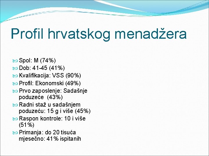 Profil hrvatskog menadžera Spol: M (74%) Dob: 41 -45 (41%) Kvalifikacija: VSS (90%) Profil: