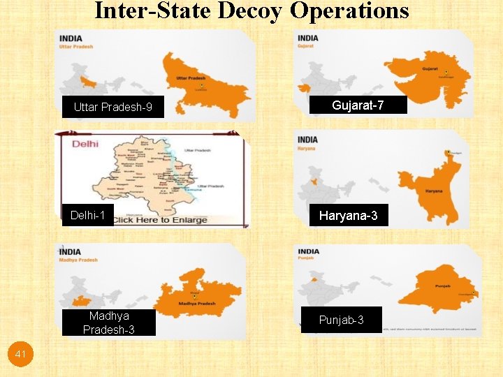 Inter-State Decoy Operations Uttar Pradesh-9 Delhi-1 Madhya Pradesh-3 41 Gujarat-7 Haryana-3 Punjab-3 Inter-State Decoy Operations Uttar Pradesh-9 Delhi-1 Madhya Pradesh-3 41 Gujarat-7 Haryana-3 Punjab-3