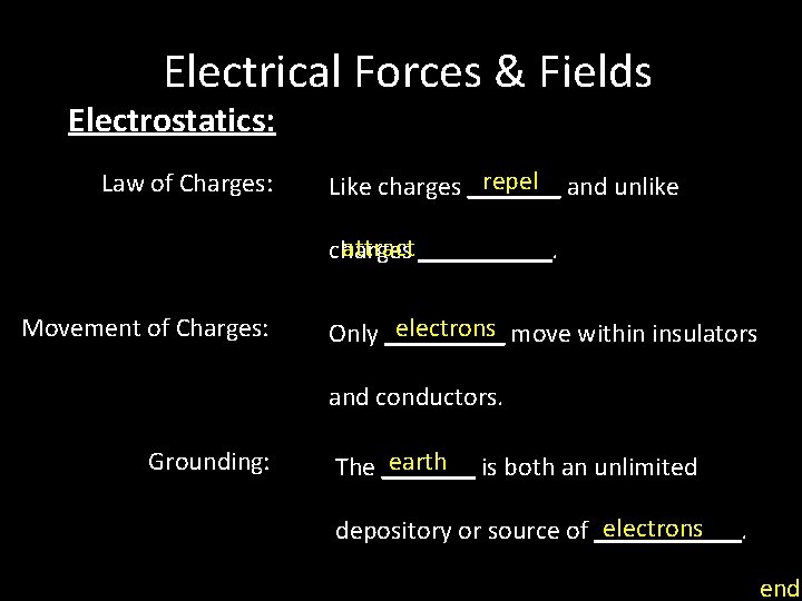 Electrical Forces & Fields Electrostatics: Law of Charges: repel Like charges _______ and unlike