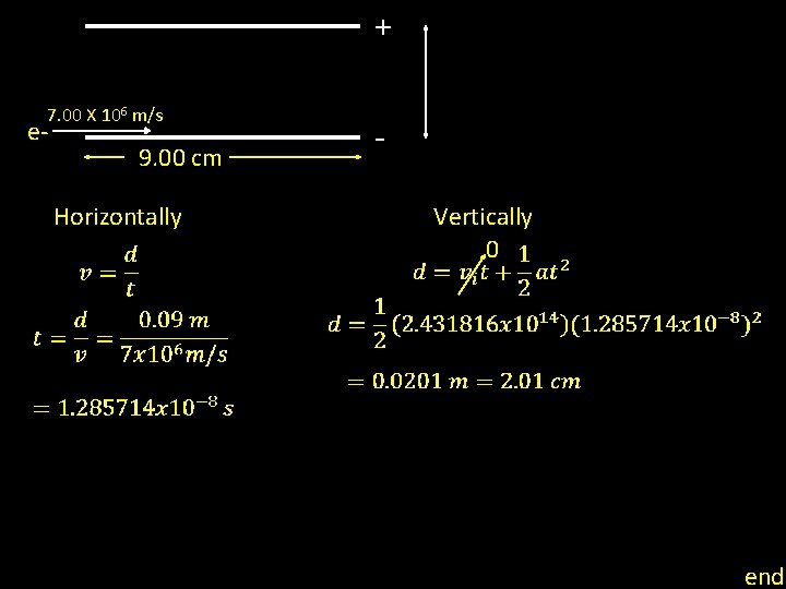 + 7. 00 X 106 m/s e- 9. 00 cm Horizontally Vertically 0 end